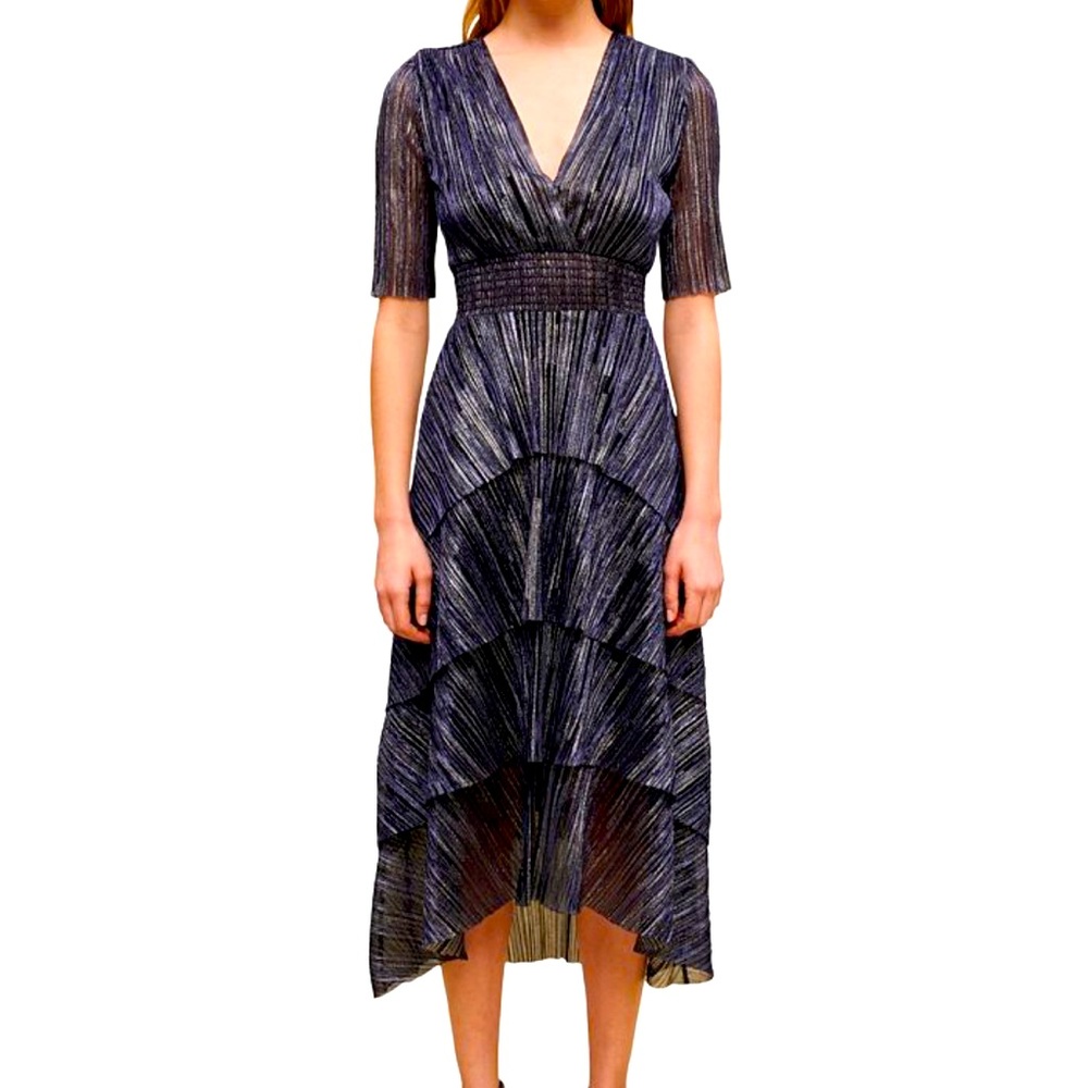 NWT - Maje Ruffina blue Metallic Crinkle Midi Dress